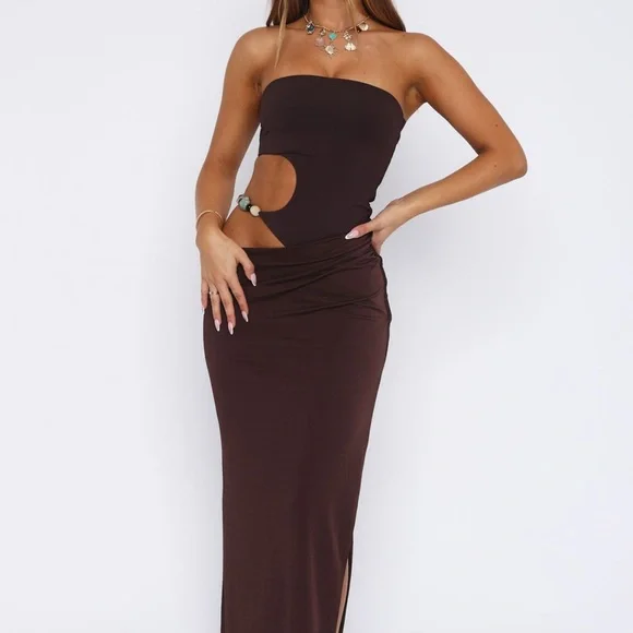 white fox brown dress Barcelona Dreams Beaded Mini Dress Chocolate